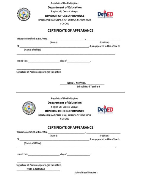 Certificate Of Appearance Department Of Education Division Of Cebu Province Pdf