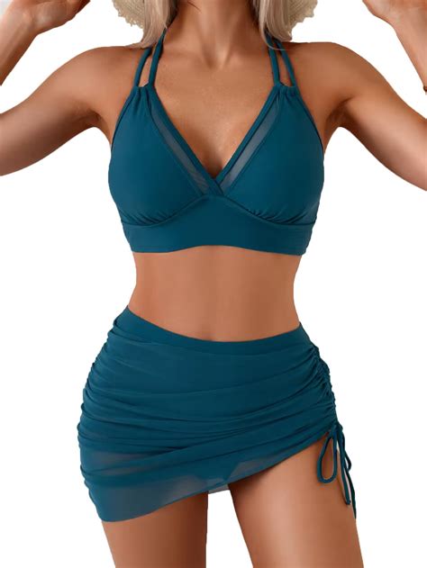 Fanuerg Womens High Waisted Bikini Sets Tummy Control Swim Skirt Swimsuits Mesh Sarong Wraps Two