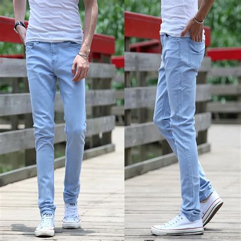 Mens Sky Blue Skinny Jeans Casual Slim Fit Denim Pants Plain Color