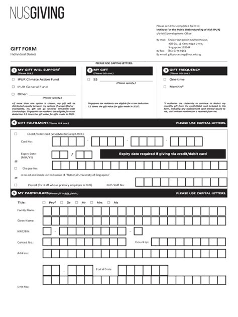 Fillable Online Nus Giving Gift Form Indv Singapore Fax Email Print