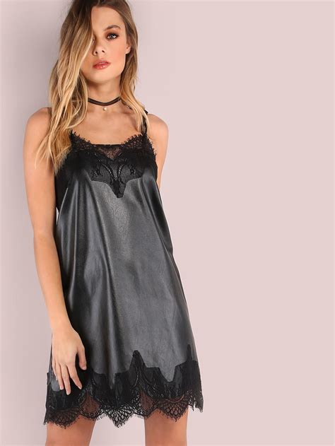 Faux Leather Lace Trim Cami Dress Lace Trim Cami Dresses Cami Dress