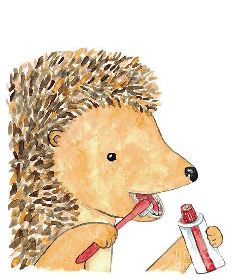 Hedgehog Brushing Teeth Bath Watercolor Painting By Maryna Salagub