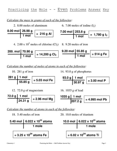 Act Mole Practice Keyeven Chemistry Practicing The Mole