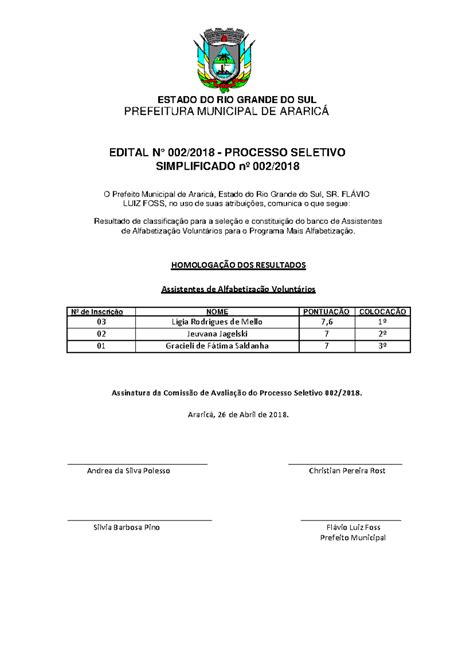 Homologação dos Resultados Processo Seletivo 002 2018 ESTADO DO RIO