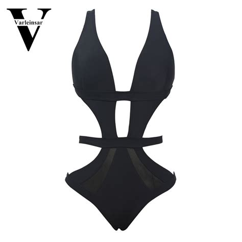 2016 Black Sheer Mesh Splicing Sexy One Piece Swimsuit For Women