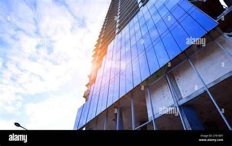 High Rise Building Under Construction Installation Of Glass Facade