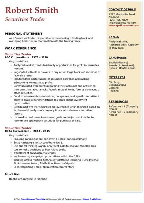 Securities Trader Resume Samples Qwikresume