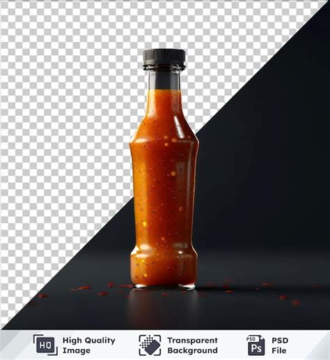 Premium PSD Transparent Object Hot Sauce Bottle On Black Table With Shiny Reflection
