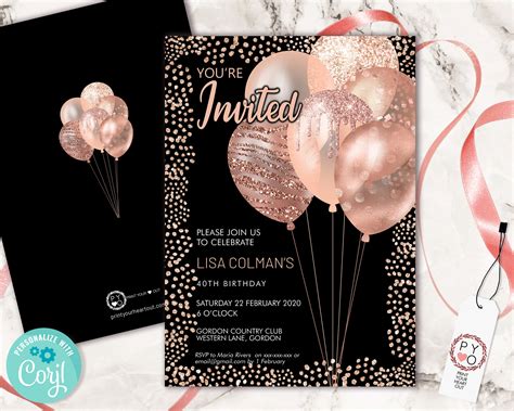 Rose Gold Birthday Balloons Invitation Printable Template Etsy