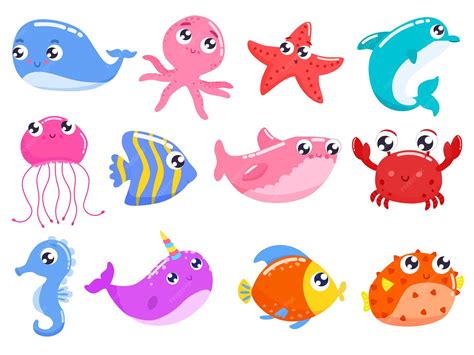 Conjunto de animais marinhos fofos coloridos dos desenhos animados ...