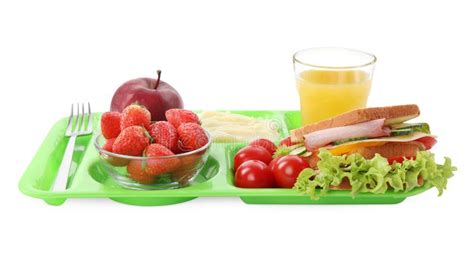 Serving Tray of Healthy Food Isolated on White. School Lunch Stock ...