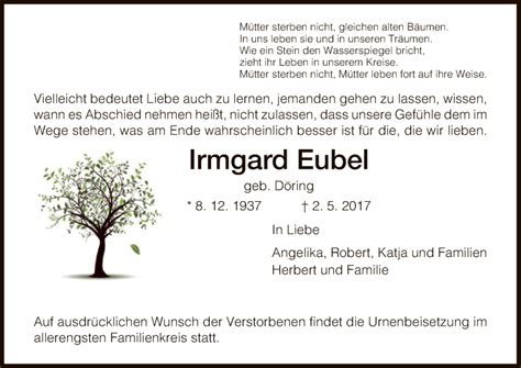 Traueranzeigen Von Irmgard Eubel Trauer HNA De