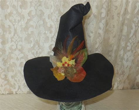 Autumn Witch Hat Black Wool Felt Hat With Leaves Moss Etsy