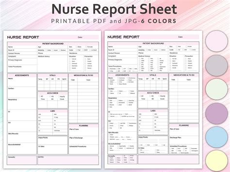 Printable Nursing Report Sheet, Nurse Brain Sheet, 6 Colors Nurse ...