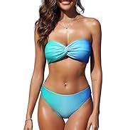 Amazon Zaful Women Strapless Bikini Set Lace Up Ribbed High Cut Bandeau Piece Swimsuit
