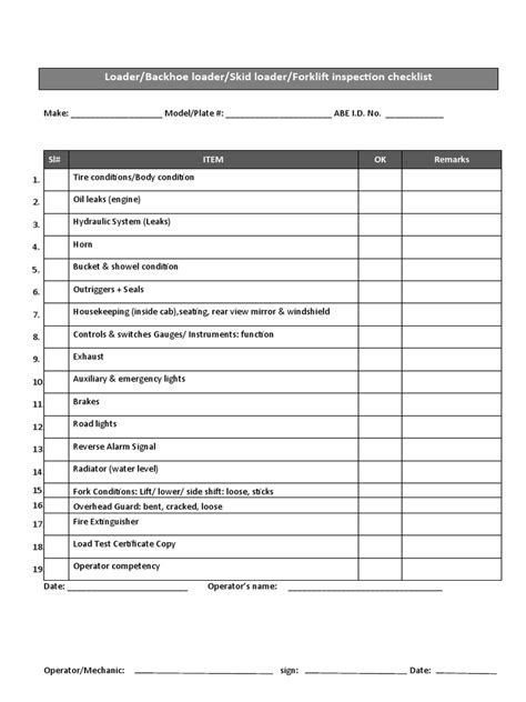 F 027 Loader Backhoe Loader Skid Loader Inspection Checklist | PDF