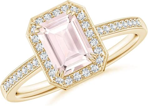 Emerald Cut Morganite Engagement Ring With Diamond Halo In 14k Yellow