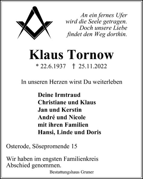 Traueranzeigen Von Klaus Tornow Harztrauer De