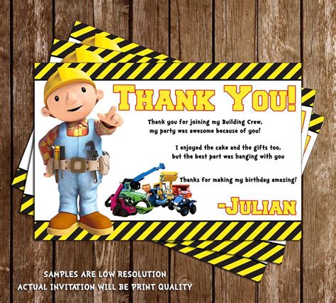 Bob The Builder Construction Birthday Thank You Card Birthday Party