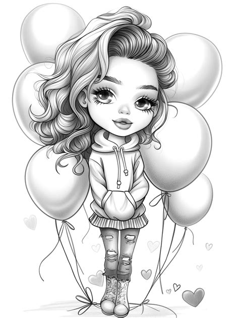 Girl Balloons And Hearts Free Grayscale Coloring Page Zumipic