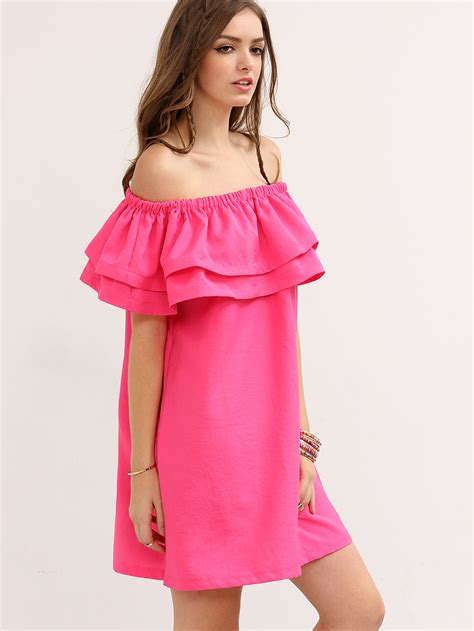 Hot Pink Off The Shoulder Ruffle Shift Dress Shein Sheinside