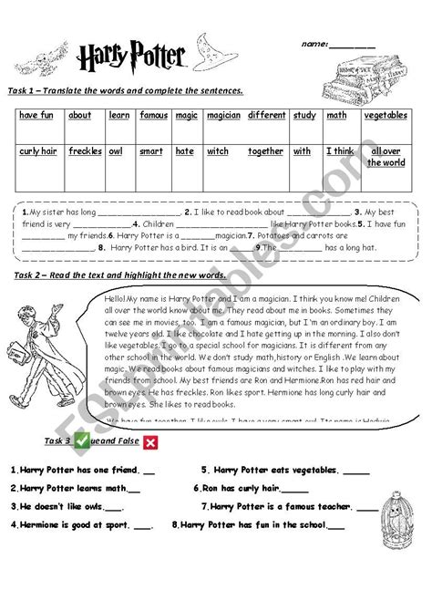 Harry Potter Worksheet 3 Pages ESL Worksheet By Victoria Ladybug