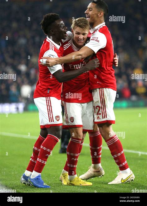 Arsenals Martin Odegaard Centre Celebrates Scoring Their Sides