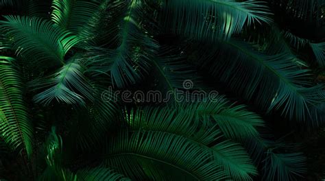 Fern Leaves On Dark Background In Jungle Dense Dark Green Fern Leaves