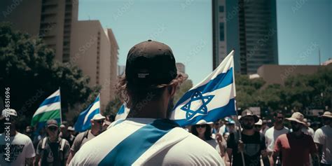 Crowd protest in Israel against the current government with the flags ...