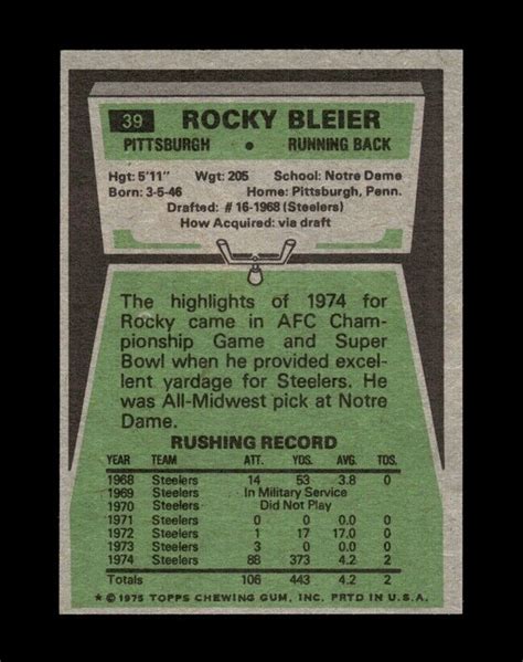 1975 Topps Set Break 39 Rocky Bleier Rc Nr Mint Gmcards Ebay