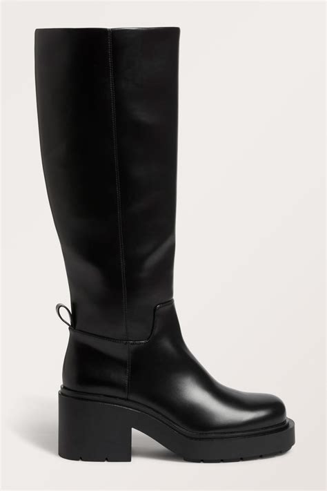 Chunky Heeled Black Faux Leather Knee High Boots Black Monki