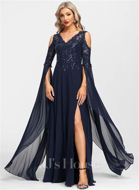 A Line Cold Shoulder V Neck Floor Length Chiffon Lace Evening Dress