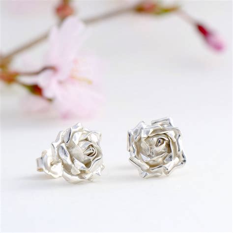 Medium silver rose stud earrings - rose flowers for your be love