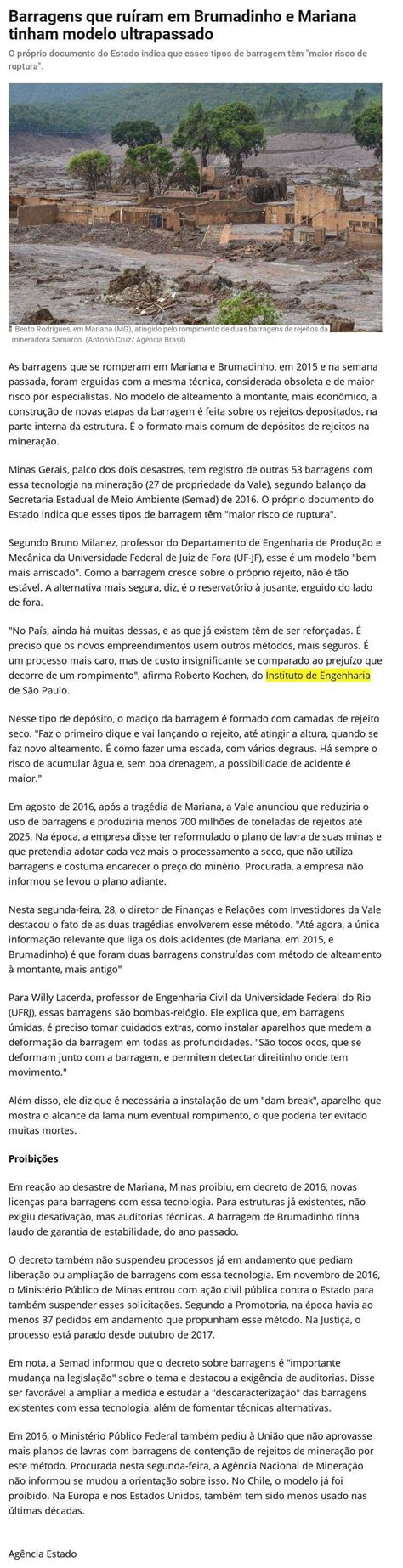 Barragens que ruíram em Brumadinho e Mariana tinham modelo ultrapassado