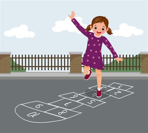 Cute Little Girl Playing Hopscotch Drawn With Chalk Outside On