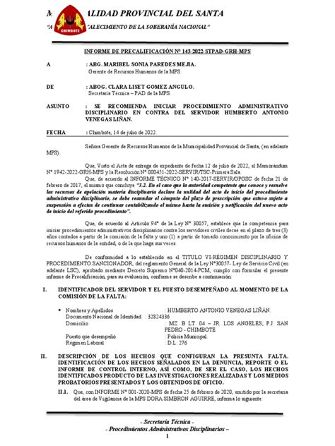 Informe De Precalificación 143 2022 Stpad Grh Mps Pdf Policía