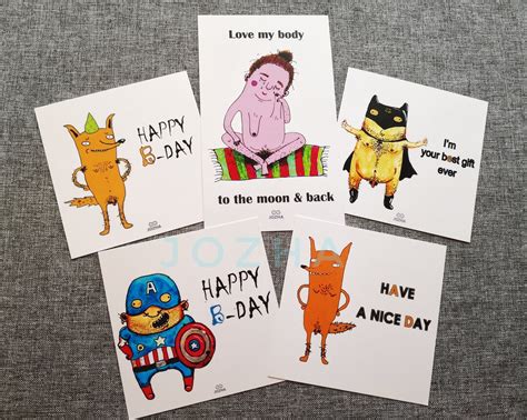 Set Of 5 Sarcastic Birthday Cards Nude Printable Badbirthdayjokes Coworker Card Naked Prints