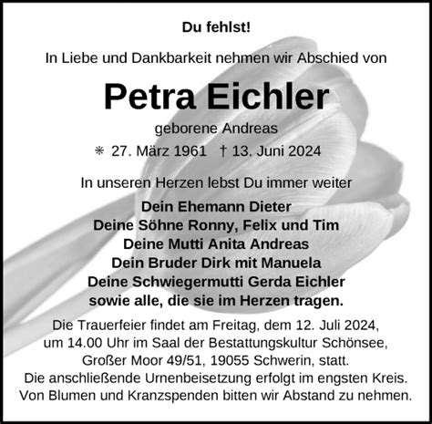 Traueranzeigen Von Petra Eichler Trauer Nordkurier