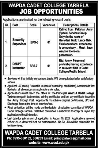 Wapda Cadet College Tarbela Jobs Job Advertisement Pakistan