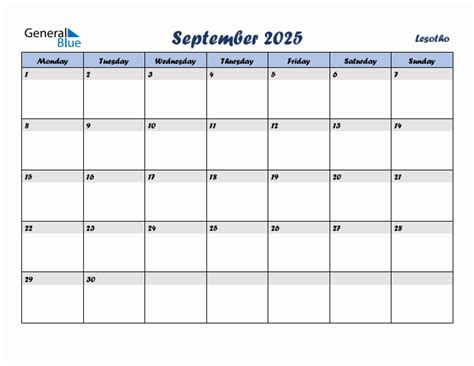 September 2025 Monthly Calendar Template with Holidays for Lesotho