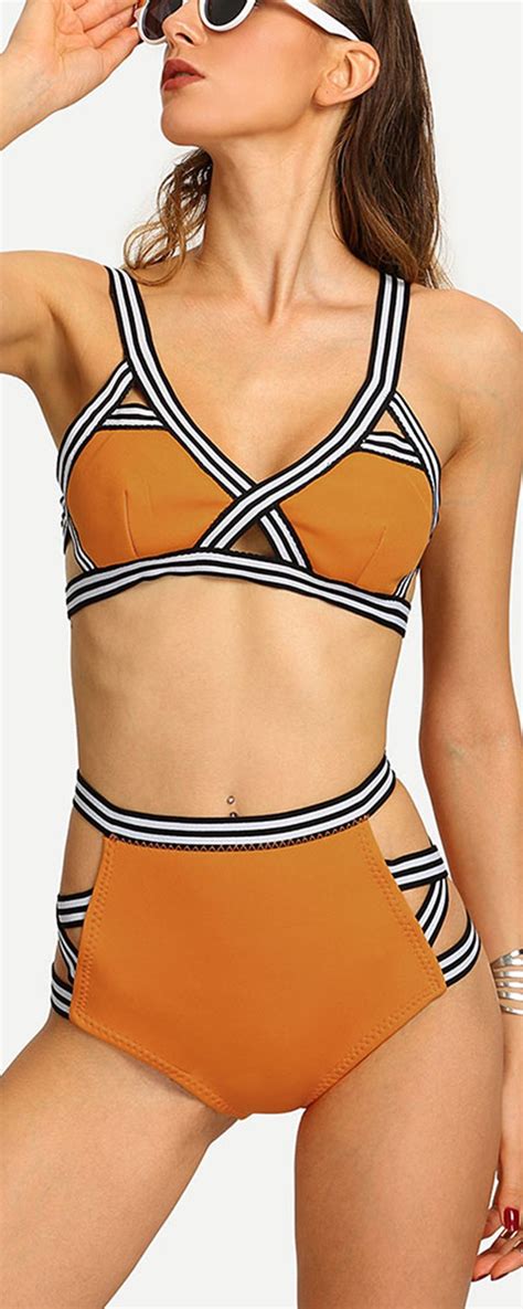 Striped Trim Cutout High Waist Bikini Set Mustard Yellow Striped