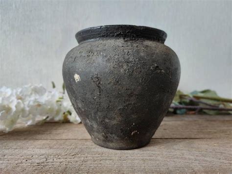 Old Clay Pot Wabi Sabi Rare Black Pottery Vase Farm House Etsy