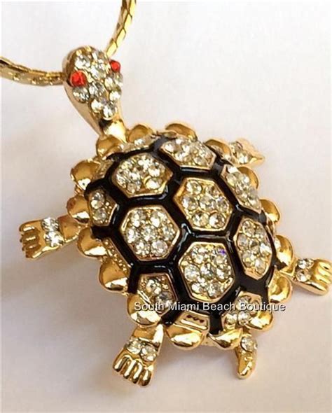 Gold Crystal Turtle Necklace Pendant Sea Life Enamel 20 Chunky Big Plated Turtle Pendant