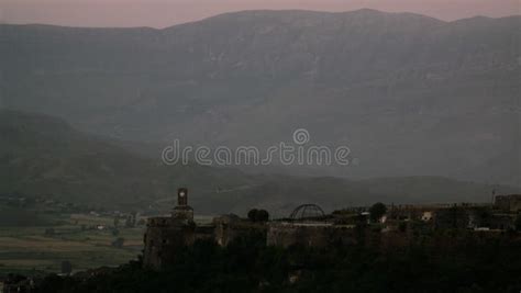 Panoramic View To Gjirokastra Castle With The Wall Tower And Clock