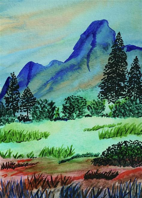 Mountain landscape, watercolor painting Painting by Natur Elfes - Pixels