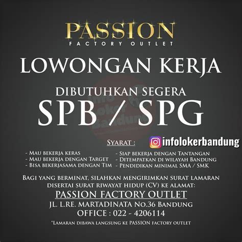 Lowongan Kerja SPG SPB Passion Factory Outlet Bandung Mei 2019 Info