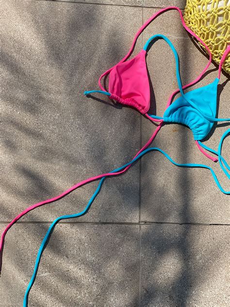 Blue Pink Bikini Set Triangle Top With Extra Long Straps And Etsy