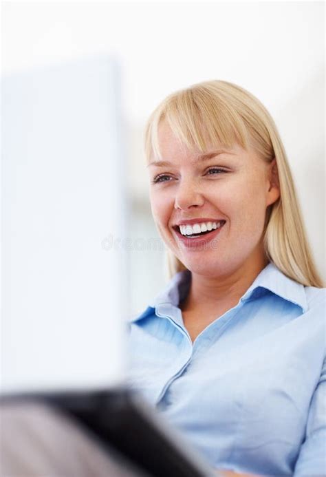 Happy Female Executive With Laptop Smiling Business Woman Working On