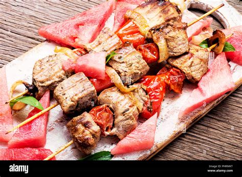 Meat Shish Kebab On Skewers With Watermelon Summer Recipe For Shish