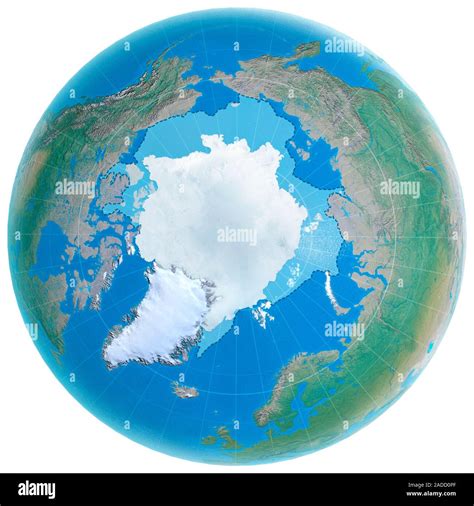 Polar ice cap shrinking. Computer illustration of the globe, centred on ...